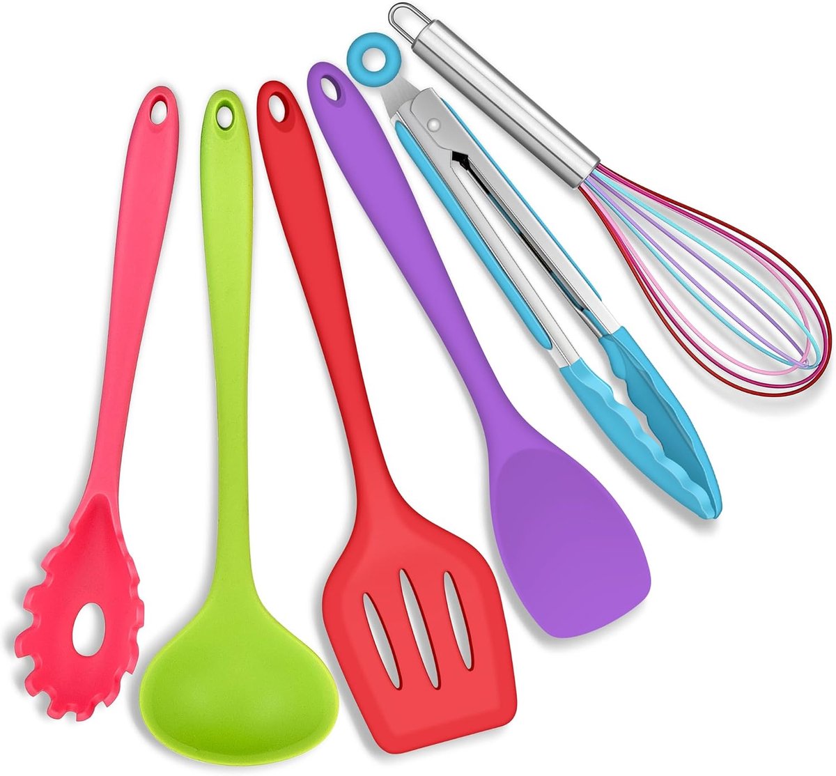 Keukengerei, 6 stuks, siliconen keukenhulp, kookbestekset, kleurrijk, anti-aanbaklaag, keukenspatel voor koken en bakken, hittebestendig en levensmiddelenkwaliteit, vaatwasmachinebestendig