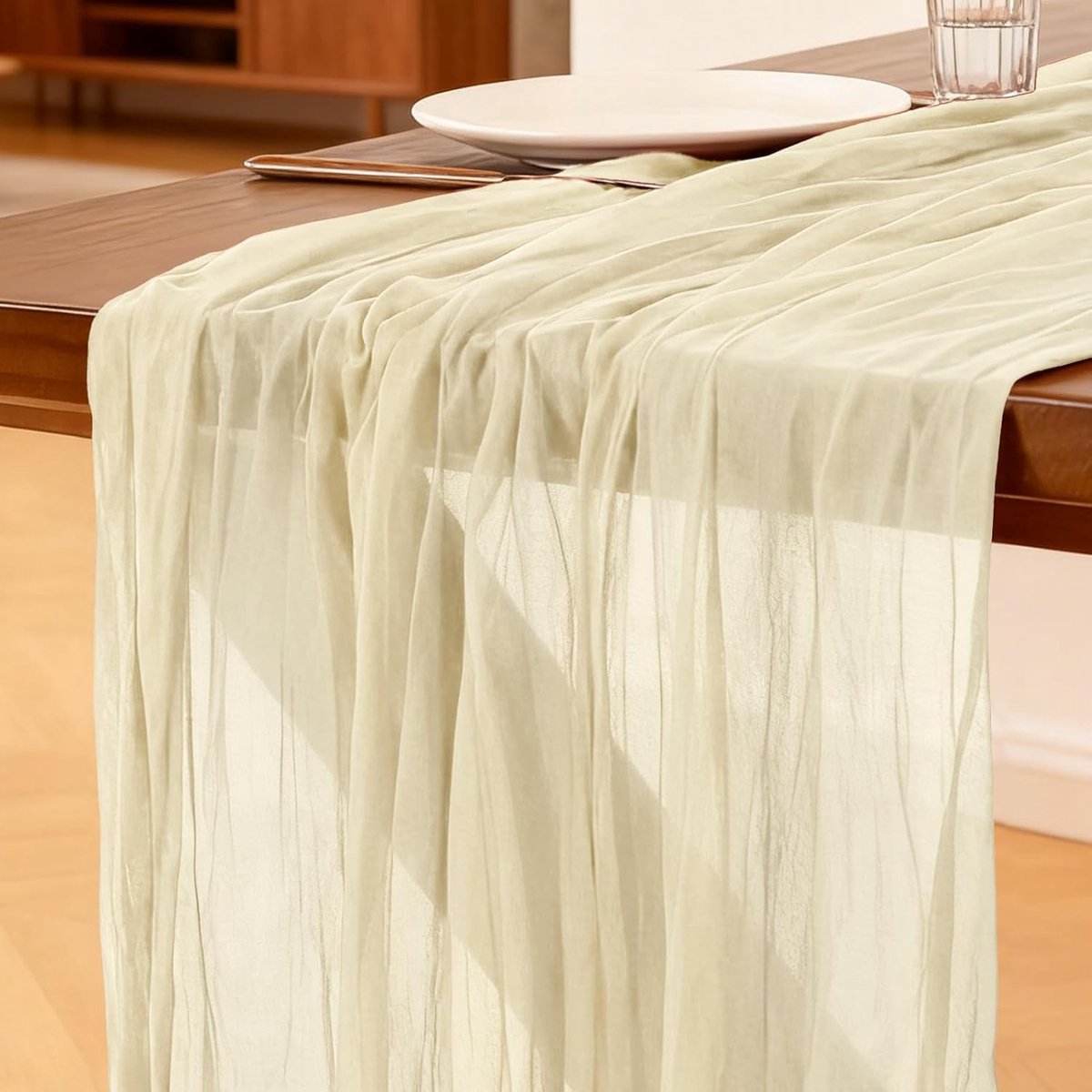 Tafelloper Beige, 300 x 90 CM Boho Gaas Tafelloper voor Bruiloften, Verjaardagsfeesten, Babyborrels, Vrijgezellenfeesten en Banketdecoraties