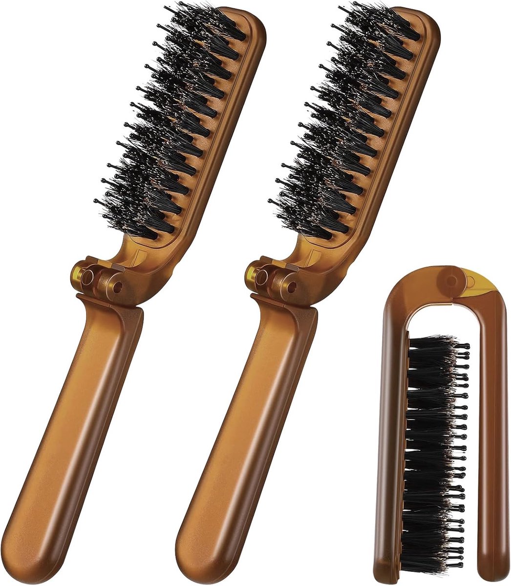 2 stuks opvouwbare haarborstel, reisformaat, borstel met natuurlijke wildzwijnharen en nylon stiften, mini-compacte borstel voor dik dun haar, krullende, baardkam voor mannen