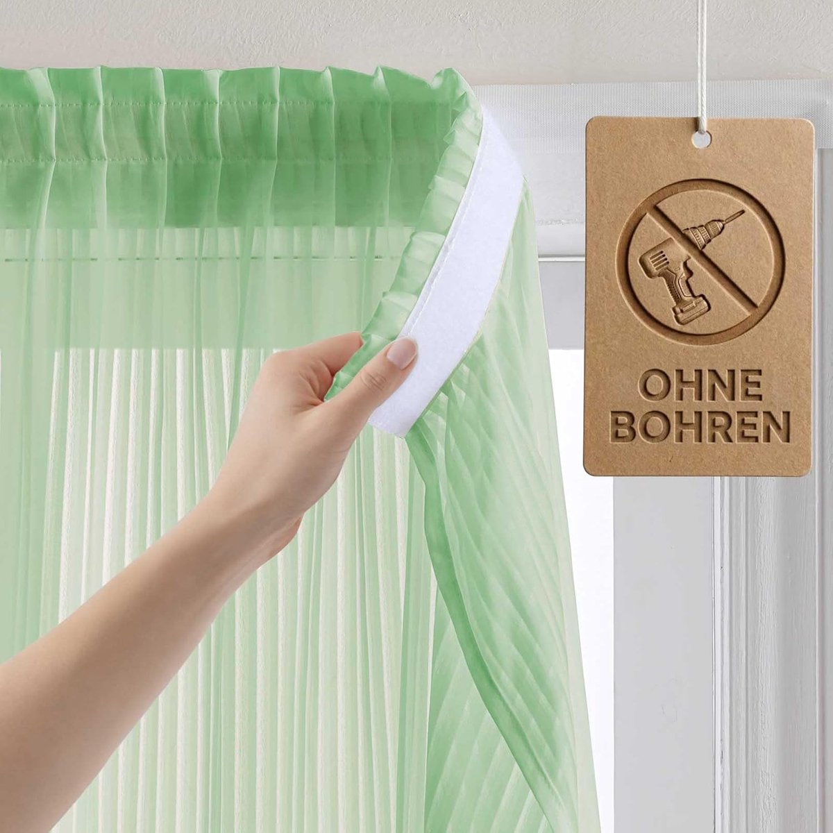 Vitrage, semi-transparant met verticale strepen, privacy-beschermend en lichtfilterend, snelle montage zonder boren, ideaal voor huurders en campers, saliegroen, H 105 x B 69 cm, 1 stuk