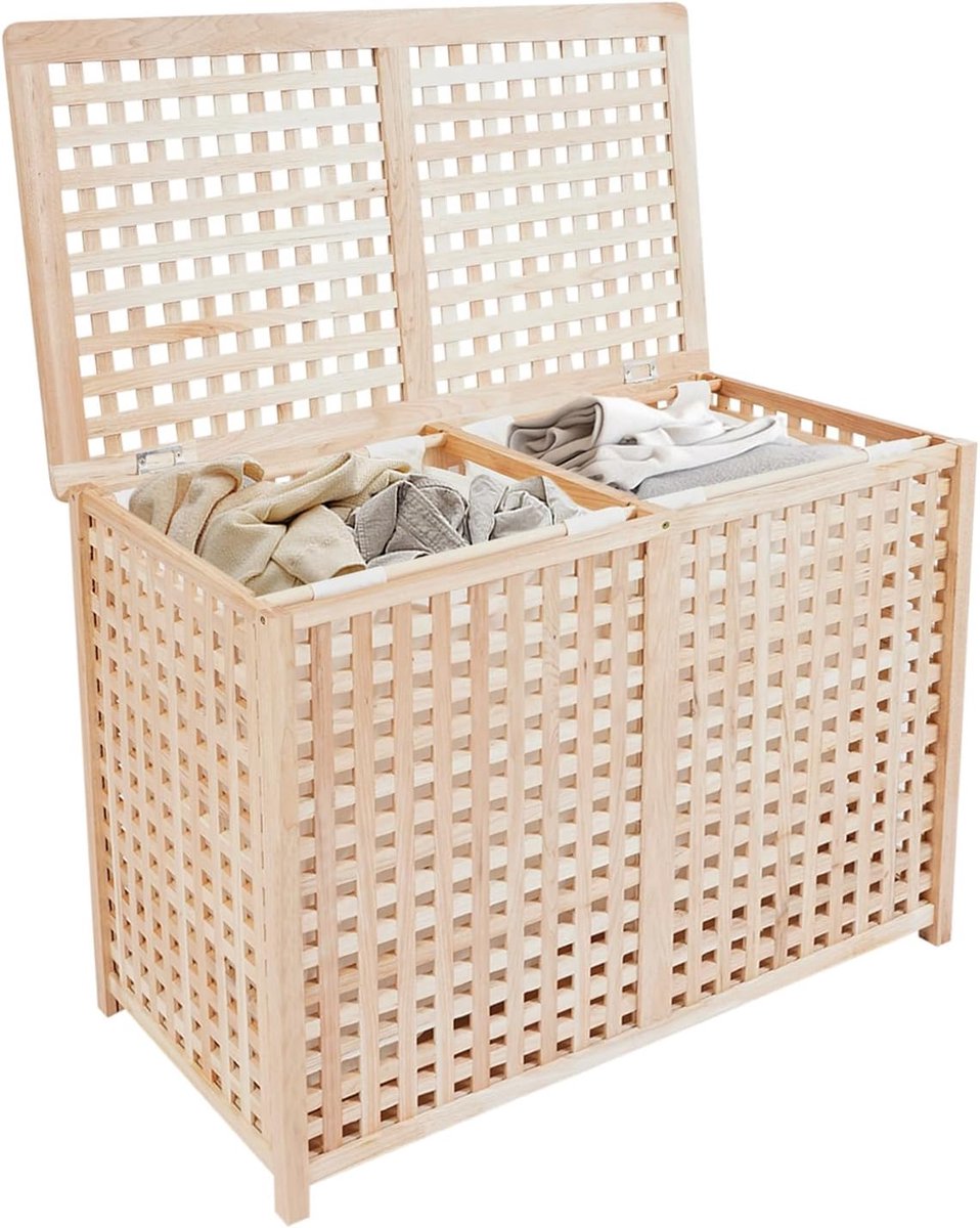 Wasmand van hout met deksel, 89 x 46 x 67 cm, wasbox, wasverzamelaar met 2 vakken en uitneembare waszak, vrijstaand