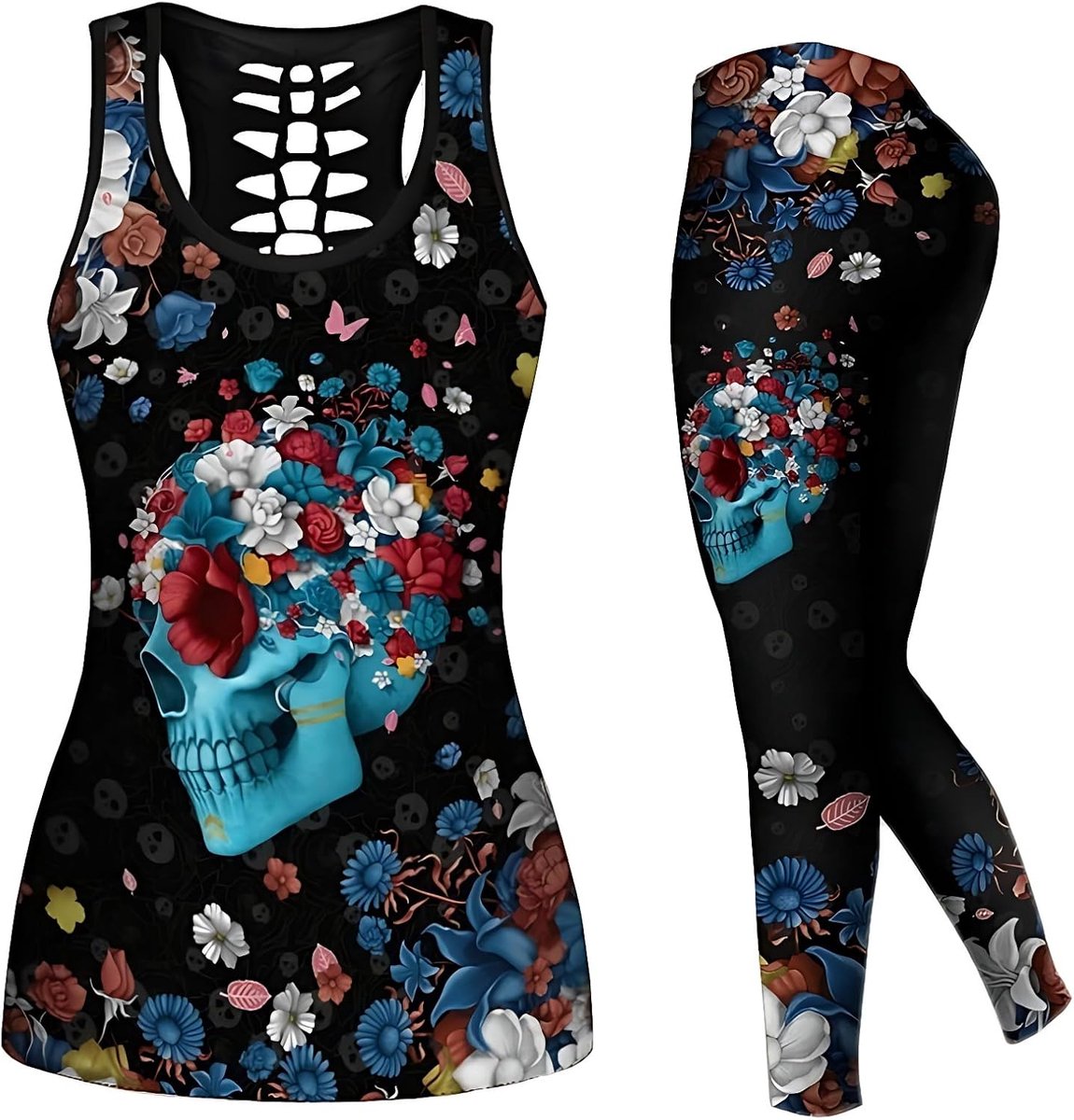 Sugar Skull Yoga Outfits voor Vrouwen 2-delige sets, Herfst Mouwloze Tank Tops Leggings Workout Activewear voor Meisjes, Zwart, XXL