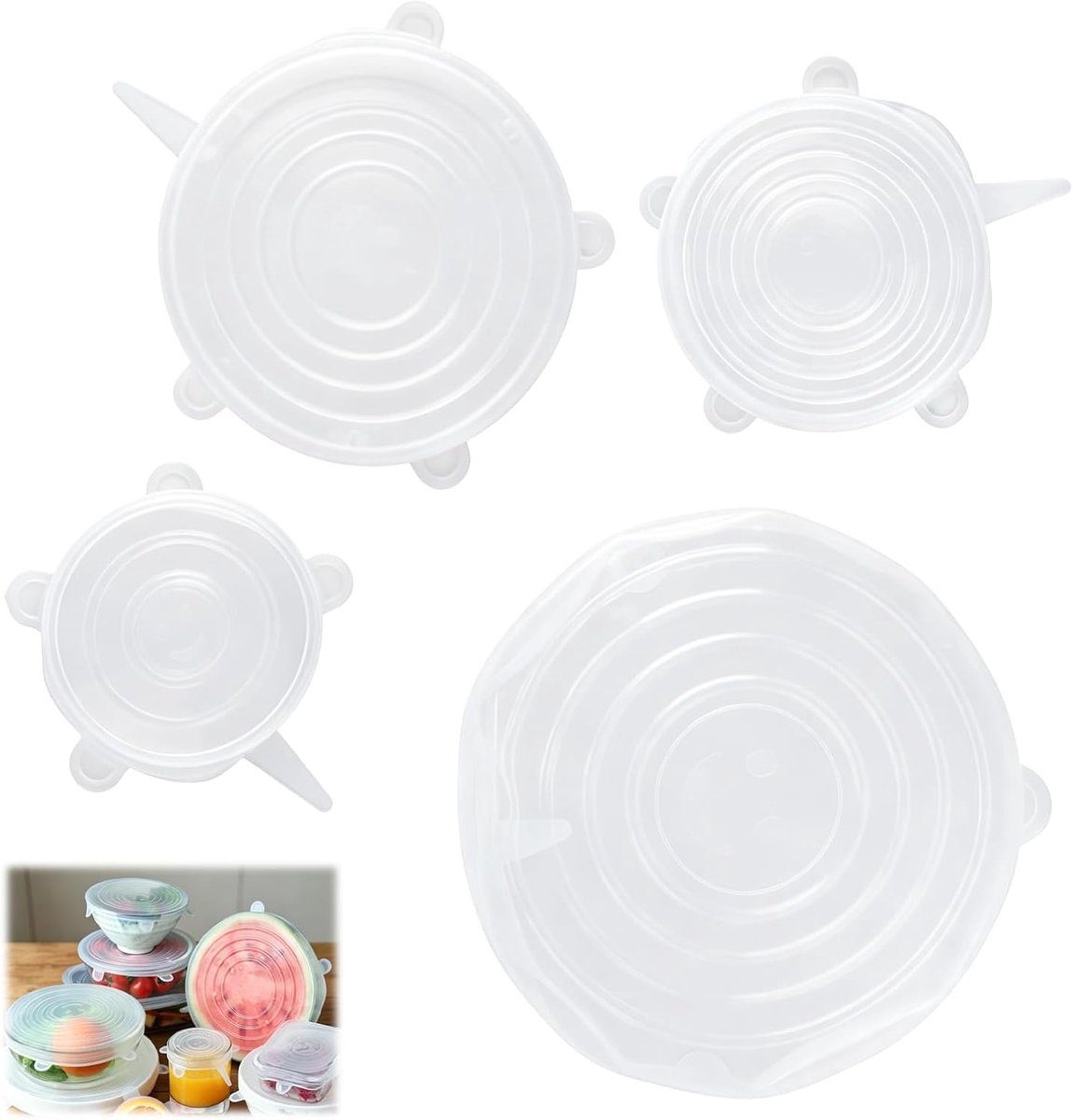 Deksels van siliconen, herbruikbaar, dik en scheurbestendig, geschikt voor containers 9,5 cm, 11,5 cm, 14,5 cm en 20,5 cm, transparant