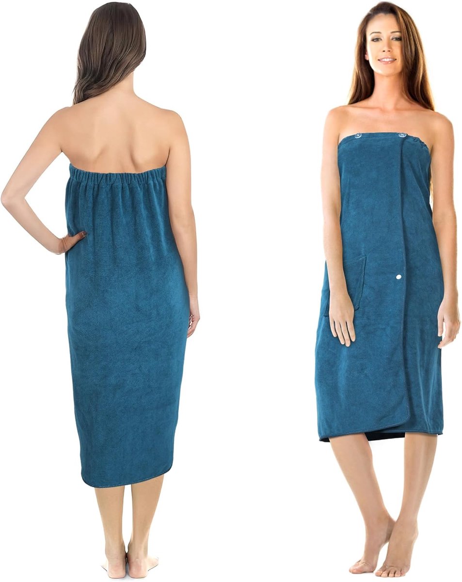 Saunakilt voor Dames, Saunahanddoek Met Knopen, 400 g/m² Microvezel, Met Zakken en Elastiek, Handdoekjurk Geschikt voor Sauna, Badkamer, Zwembad, Blauw