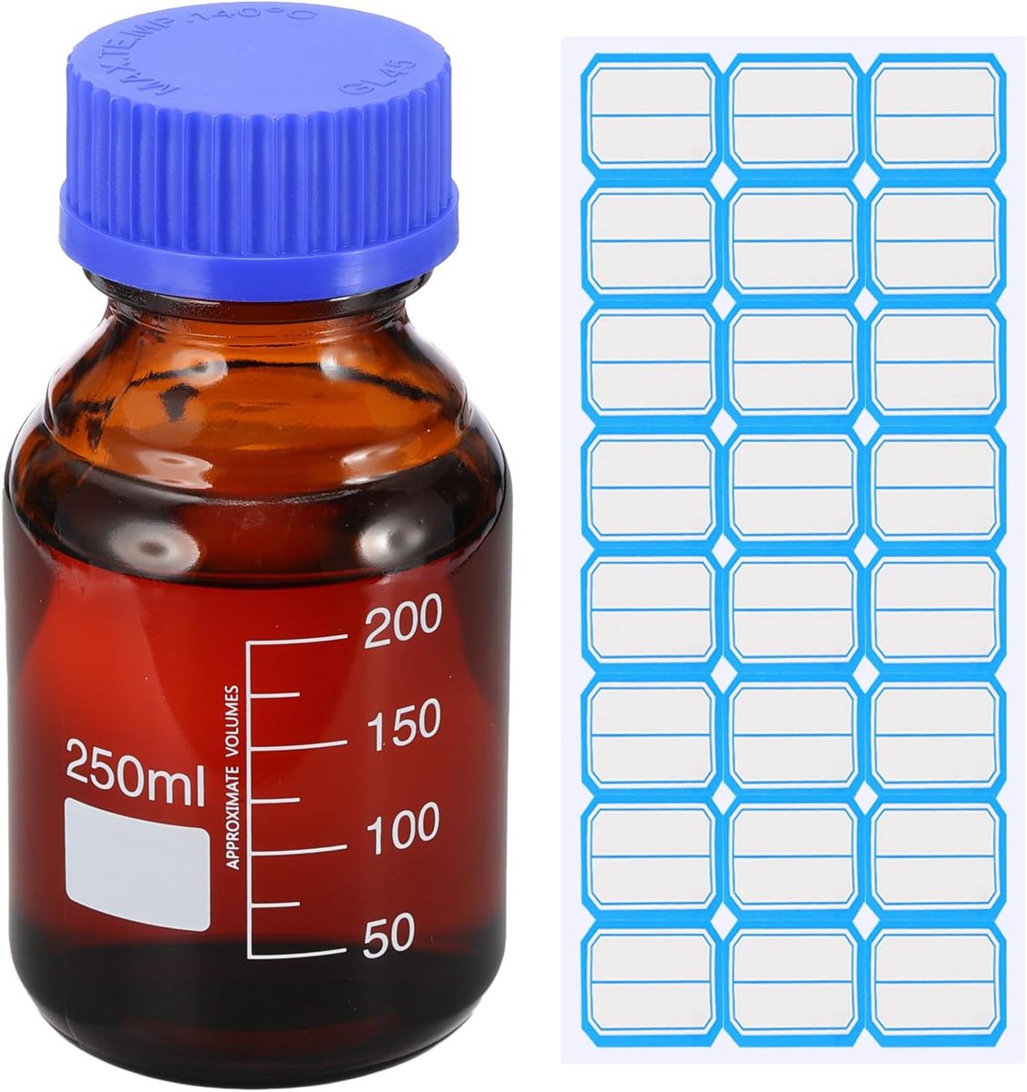 Ronde media opslagflessen, 250 ml verdikte glazen afgestudeerde ronde flessen met GL45 blauwe schroefdop voor laboratorium water reagensvloeistoffen, bruin