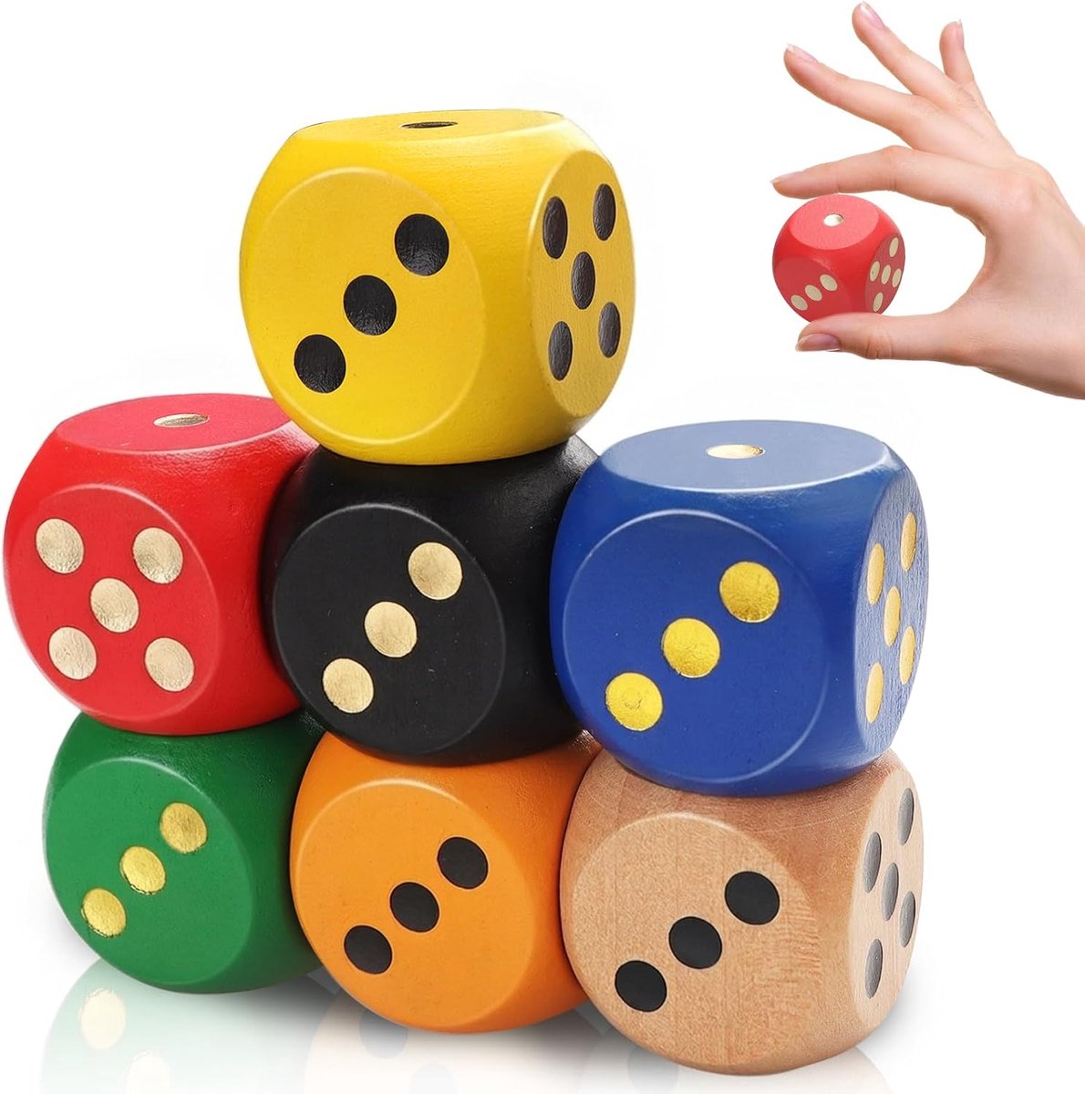 7 stuks grote houten D6 dobbelstenen, 30 mm, kleurrijke houten kubussen, polyedrische dobbelstenen, grote speeldobbelstenen voor rollenspellen, dobbelspellen, tafelspellen, kaartspel
