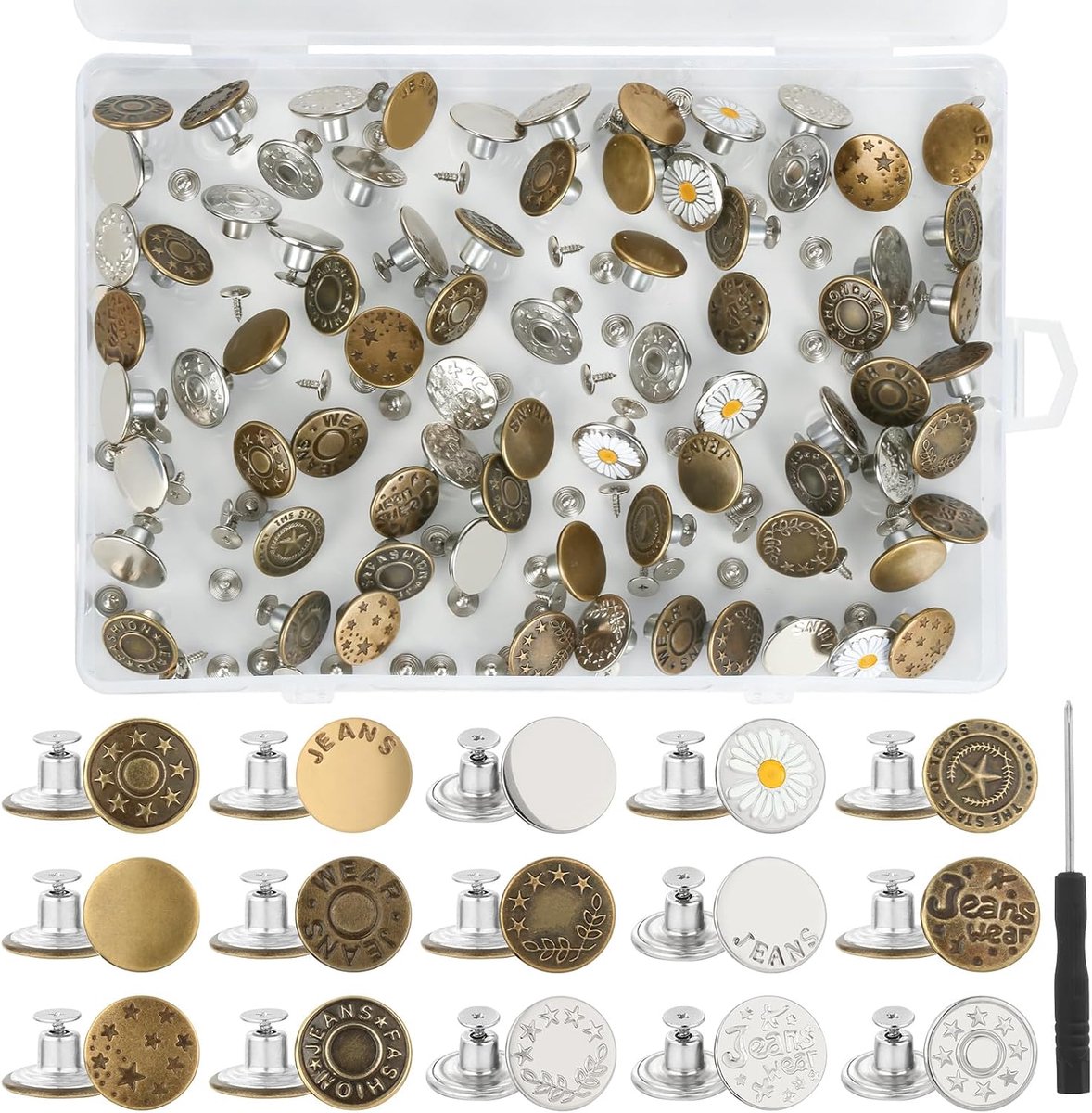 Knopen om te schroeven, 17 mm, verstelbare broek, vervangende knopen, jeansknopen zonder naaien, met schroevendraaier en opbergdoos, broekknopen voor jeansreparatie en maataanpassing