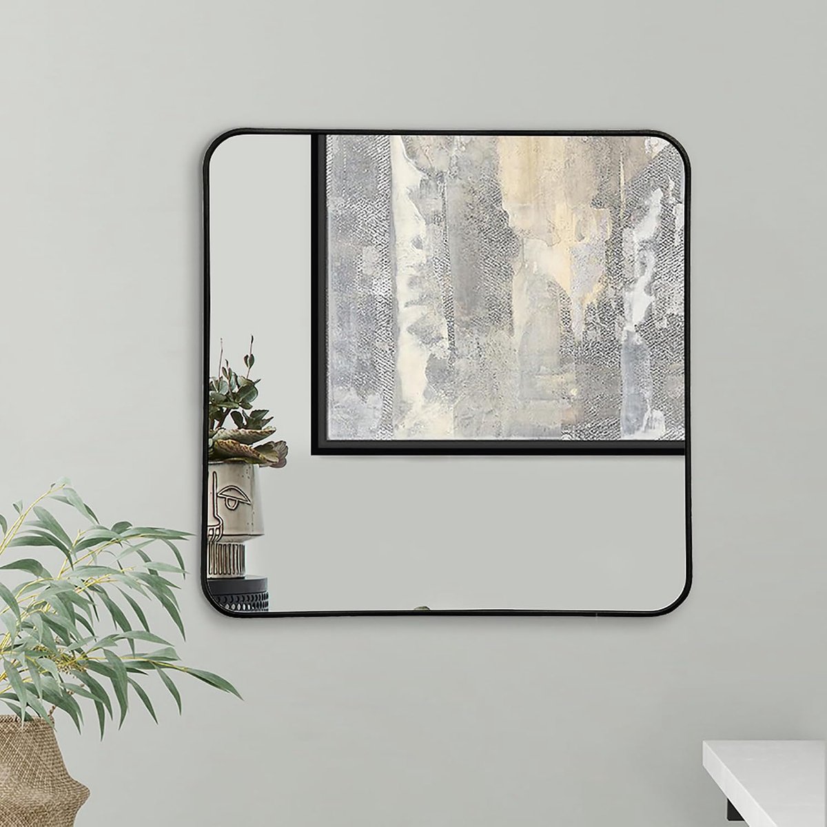 Spiegel van 60 cm, vierkant, zwart, met afgeronde hoeken, aluminium frame, wandspiegel voor slaapkamer, badkamer en woonkamer, grote spiegel voor aan de muur met ophangmateriaal