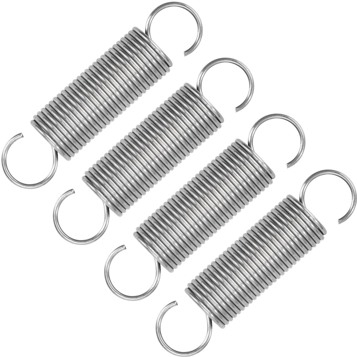 50 mm spanveren met haken, veren van roestvrij staal, draaddiameter 1,1 mm, buitendiameter 12 mm, kracht 2 kg, 4 stuks