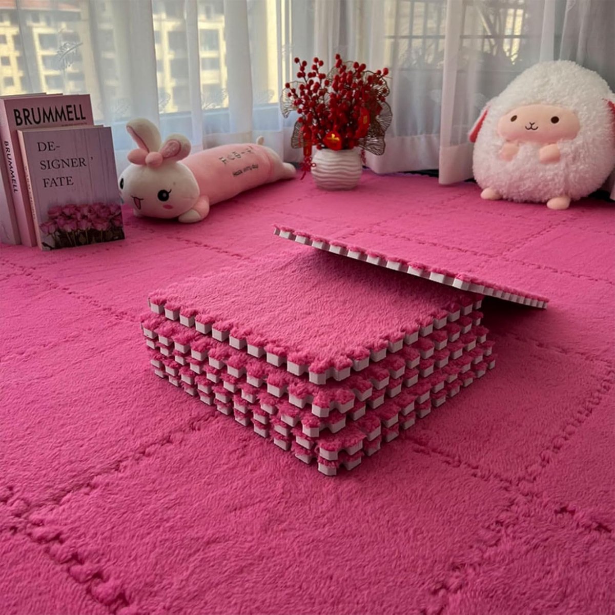 12 stuks in elkaar grijpende pluche schuimstofmatten, 30 x 30 cm, voor woonkamer en slaapkamer, in elkaar te zetten schuimrubberen vloertegels voor spel (roze, 30 x 30 cm x 1,25 cm)