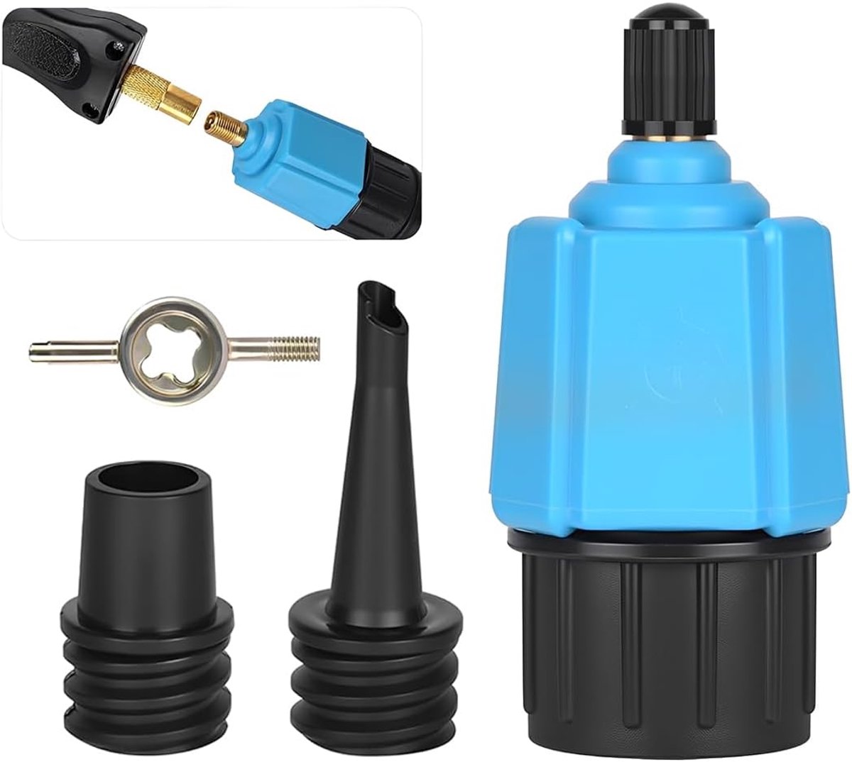 Adapter voor SUP-pomp N 4, blauw, met 2 sproeiers en mini-sleutel, ventiel voor paddleboard, kajak en opblaasbare boten, draagbare set voor het oppompen en omzetten in de open lucht