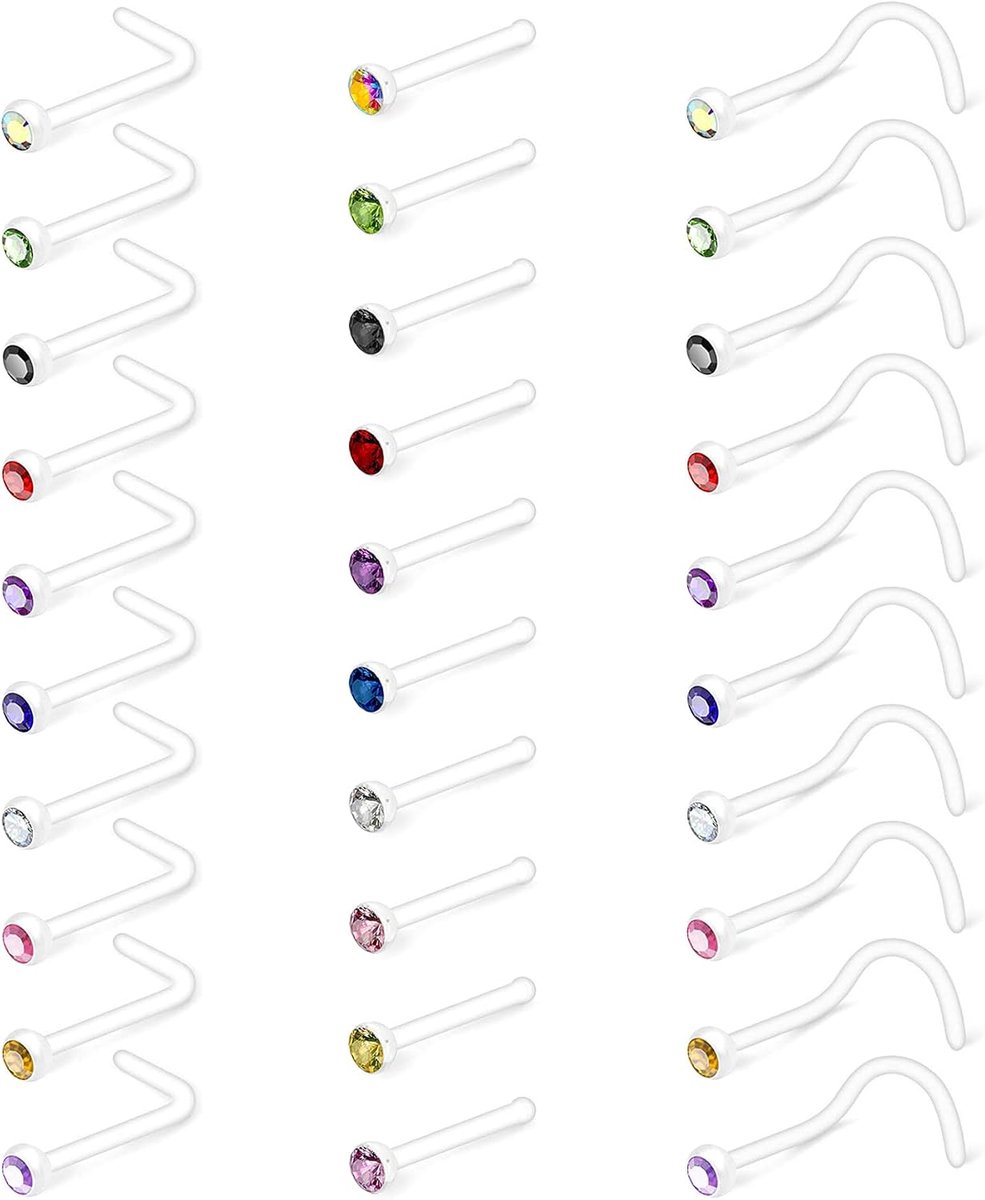 30PCS 20G 18G Duidelijke Neus Studs verbergen Piercing voor School Flat, 7mm Plastic Duidelijke Neus Piercing kurkentrekker L vorm, duidelijke piercing Retainers Jewelry Set