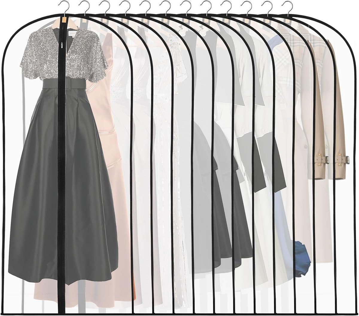 Set van 12 lange kledingzakken van 60 cm x 140 cm, transparante hangende kledingzakken, waterdicht, stofdicht, kledinghoezen voor jurken, trouwjurken, trenchjassen, pakken