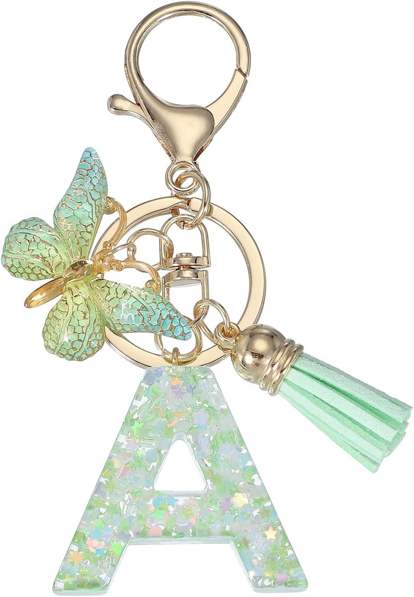 Alfabet Initial Letter Sleutelhanger, Hars Leuke Sleutelhanger met Kwasten Vlinder Brief Hanger Charm