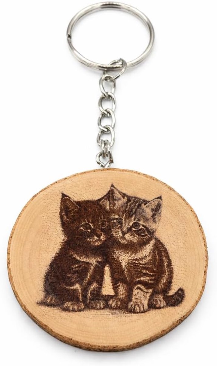 Kattenliefde handgemaakte lasergegraveerde uniek stuk sleutelhanger van hout, natuurlijk hout, W5L5