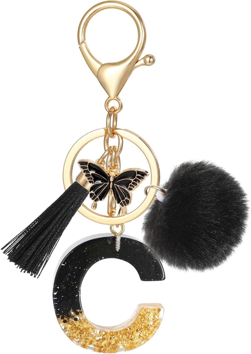 Alfabet sleutelhanger met beginletters, naam sleutelhanger met kwastje vlinder hanger pom pom voor vrouwen, zwarte hars goudfolie pailletten sleutelhanger charme voor deur auto sleutel handtas