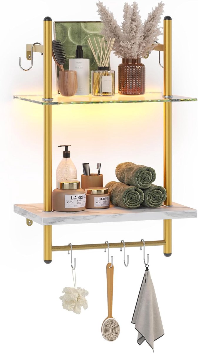 38 cm 2-traps zwevend buisrek, industrieel wandgemonteerde ladderrek met ronde buizen en haken, houten rek voor decoratie en opslag, boekenkast voor woonkamer, keuken, balkon