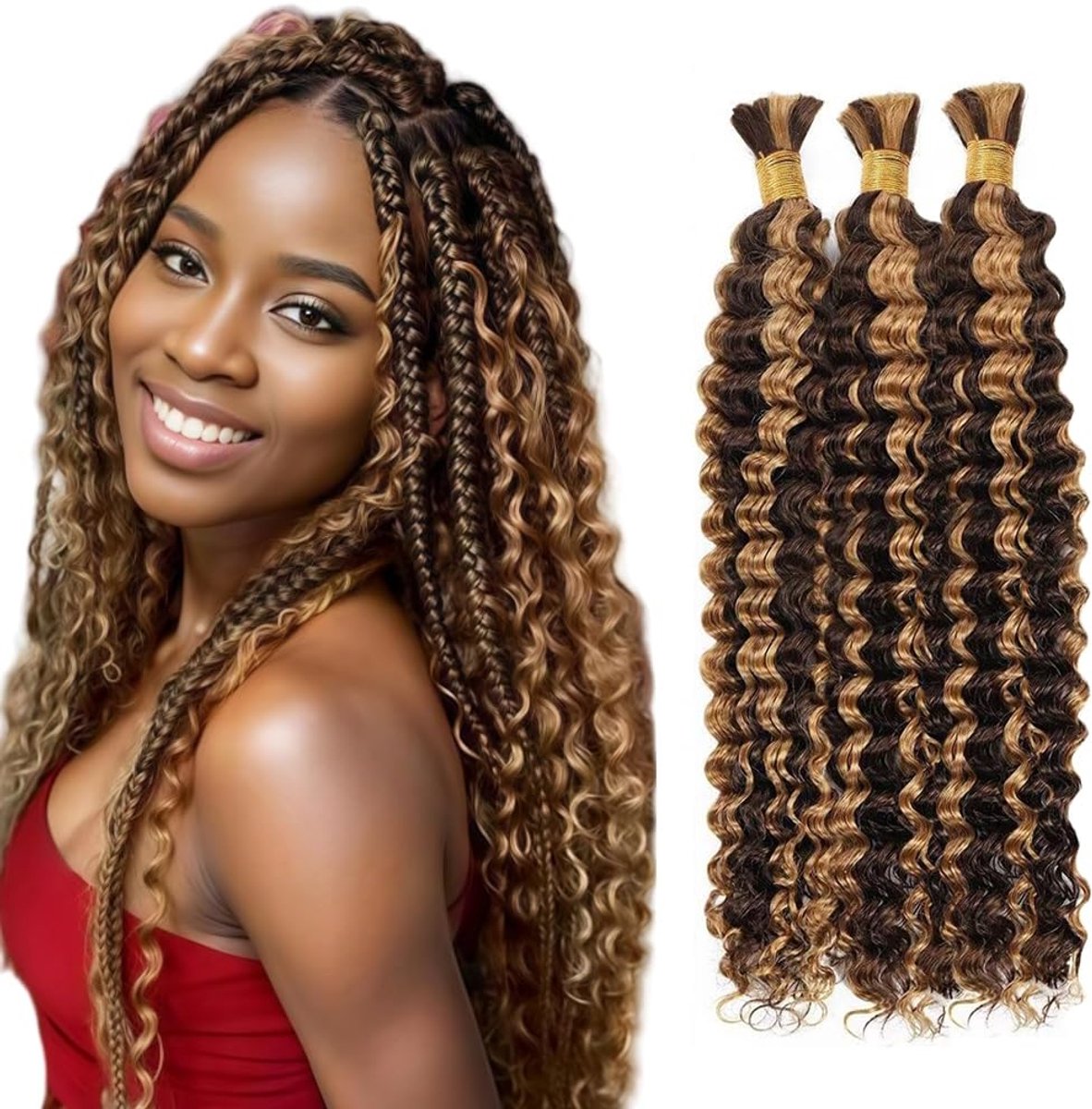 24 24 24 Inch Deep Wave Bulk hair for Braiding #4/27 Highlight Blonde Menselijk haar No Weft Premium Braiding Hair Extensions for Boho Braids With Minimal Tangle 3 Bundles/Pack