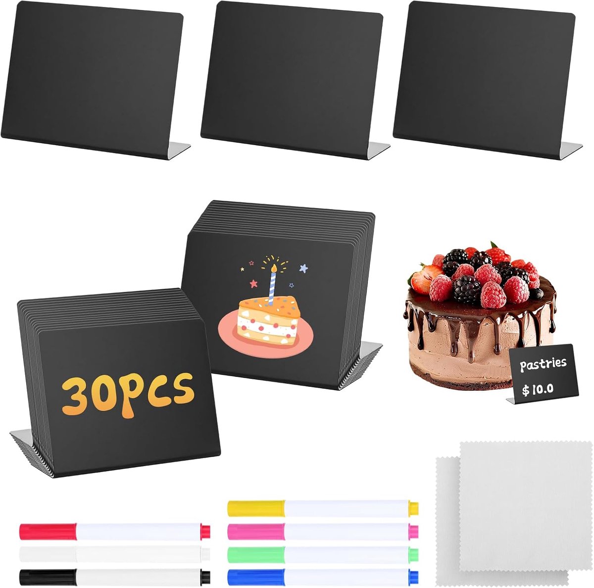 30 stuks krijtborden, klein, L-vormige prijskaartjes, standaard, 100 x 75 mm, kleine borden om te beschrijven, met 7 pennen, praktische accessoires voor bakkerij, café, bruiloft, tafelkaarten, buffet