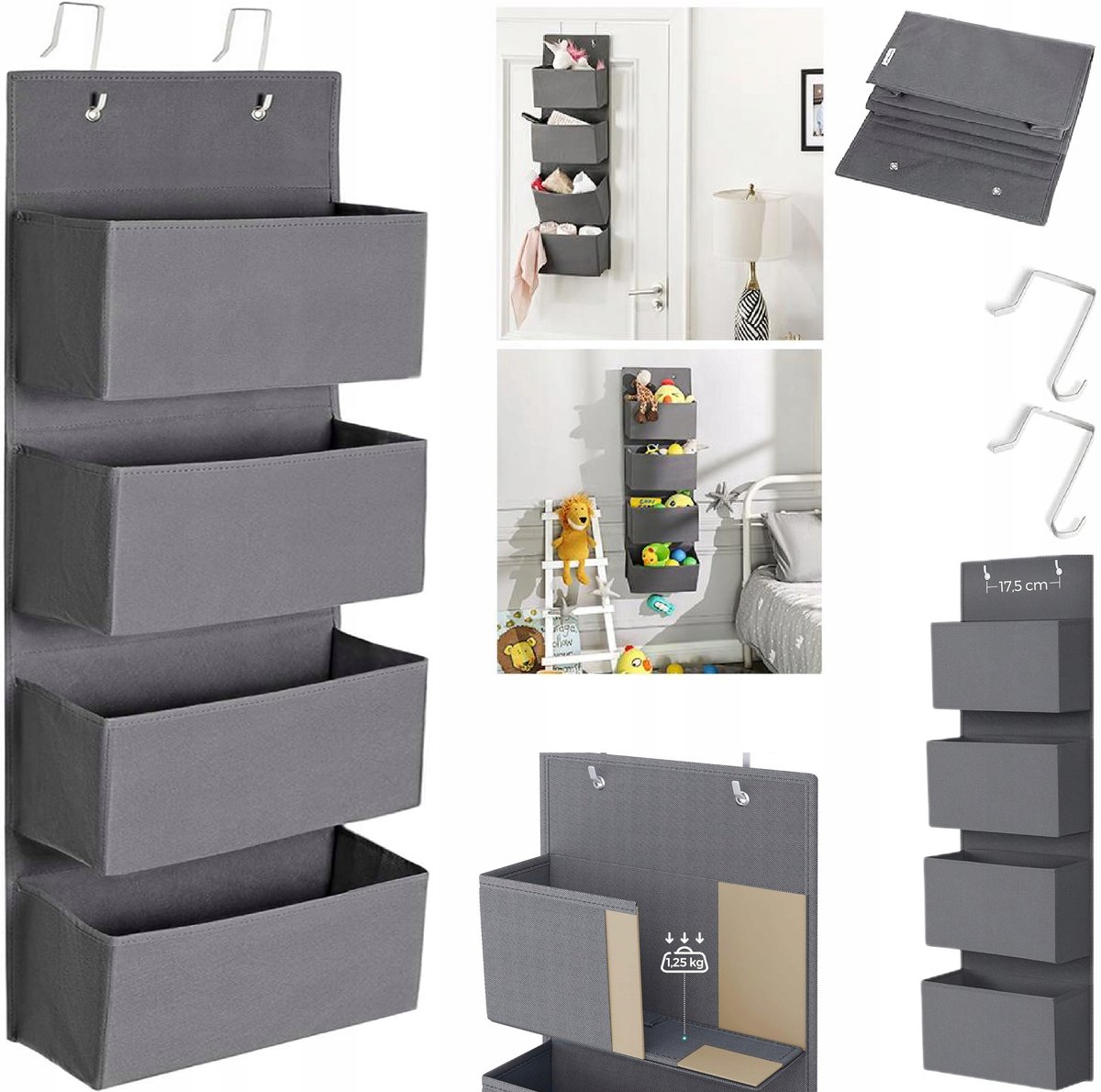 Merkloos Merloos Deur Organizer met 4 Vakken - Grijs, 100cm Hoog
