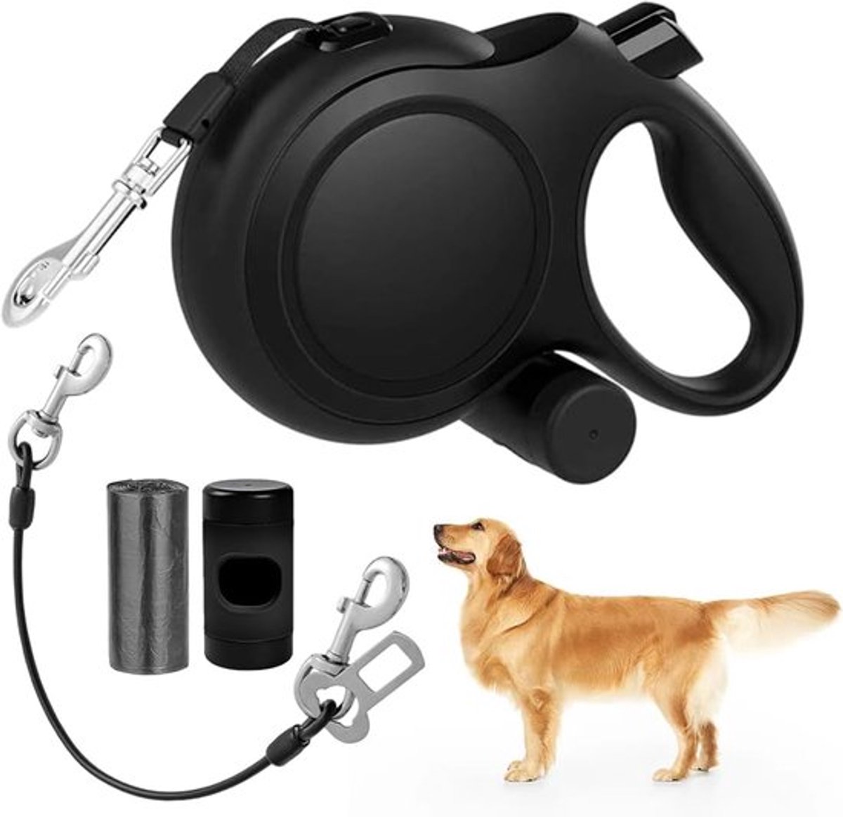 Hondenriem 8 meter - honden riem - 360° anti-klit ontwerp - oprolriem met bijtbescherming en poepzakjesdispenser - trekriem met antislip handgreep - flexibele riem voor honden van 15–50 kg - zwart