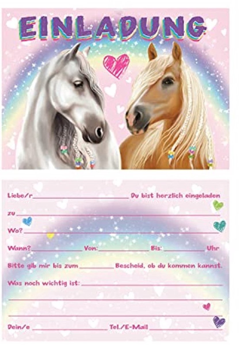 24 Uitnodigingskaarten Paard-Regenboogmotief - Kinderversie - DIN A6 - Meerkleurig