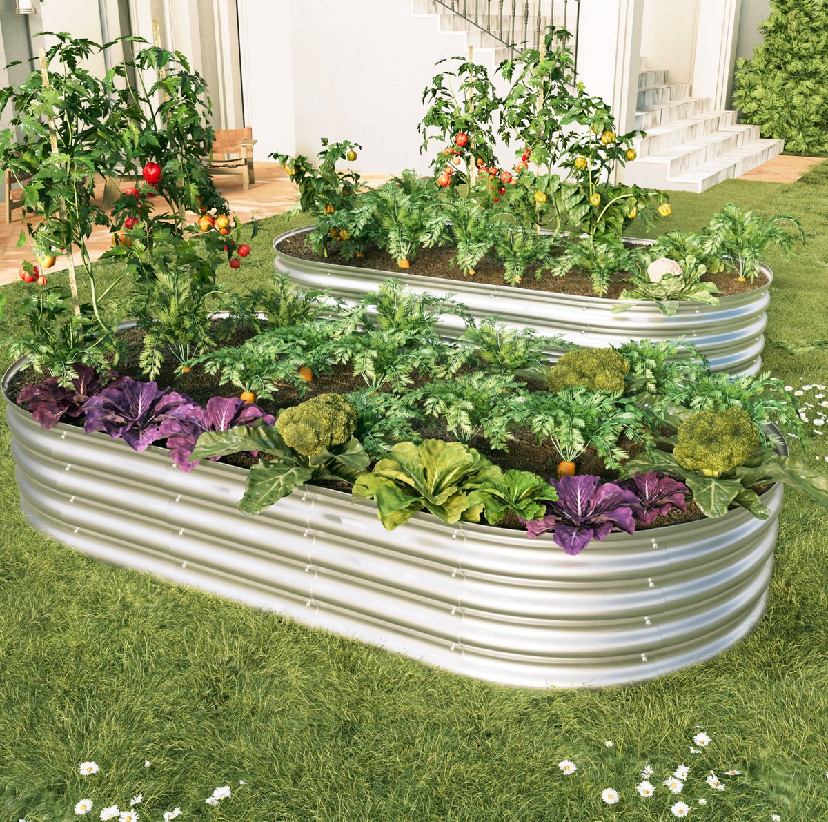 MIVRAY Moestuinbak – 2 Stuks Met Open Bodem – 182,9 x 91,5 x 30,5 Cm – Verzinkt Staal – Zilver – Voor Groenten, Bloemen En Kruiden