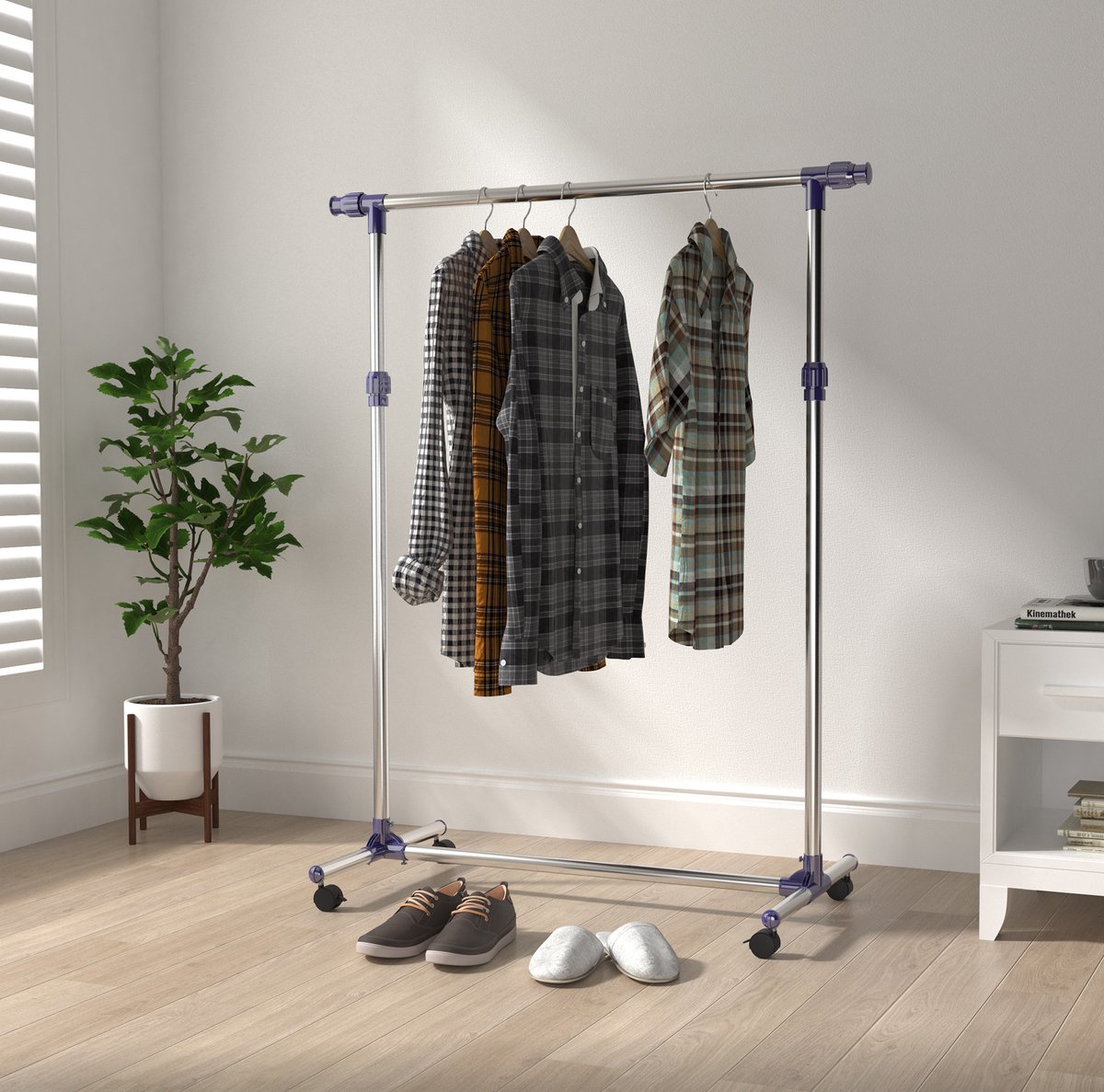 Kledingrek Verstelbaar Met Wielen – 95 170 Cm Hoogte, 86 160 Cm Breedte – RVS En Kunststof – Zilver – Hangend Opbergen