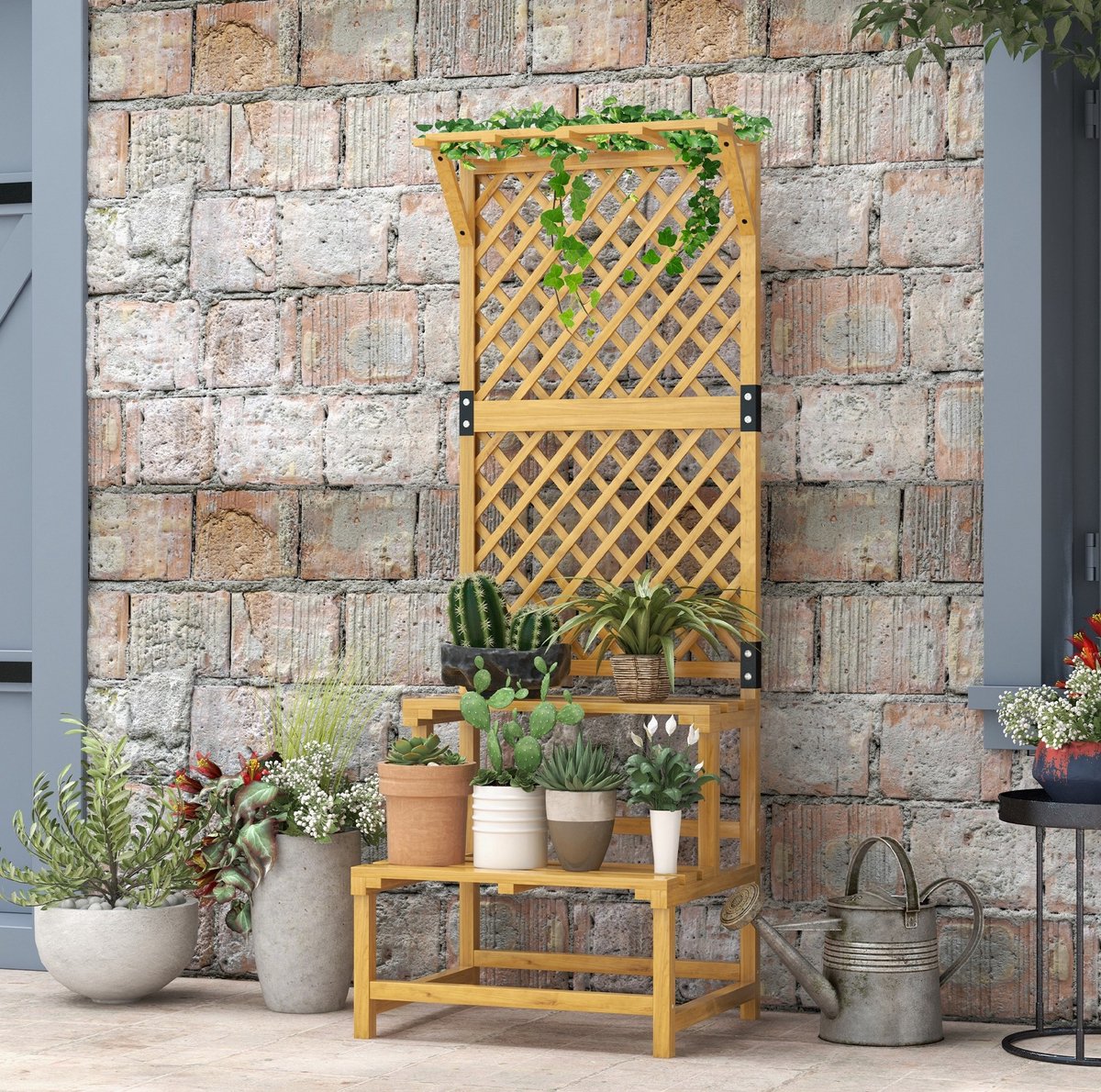 Plantenstandaard Met Twee Niveaus En Rankhulp 60 X 50 X 166 Cm Hout Geel Voor Balkon Terras En Tuin Met Rasterachterwand
