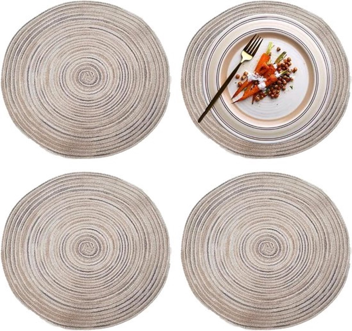 Set van 4 katoenen placemats in grijs met decoratieve print, hittebestendig en antislip, ideaal voor ronde tafels en bescherming tegen warmte en krassen