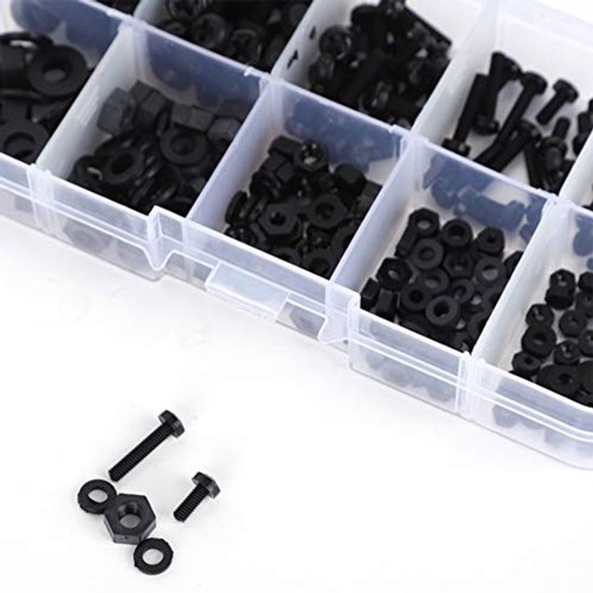 270 stuks nylon schroefmoerset, M2/M2,5/M3/M4/M5, nylon zeskantmoerkit, schroefmoer-sluitringen, hardware-bevestigingselementen voor zwart