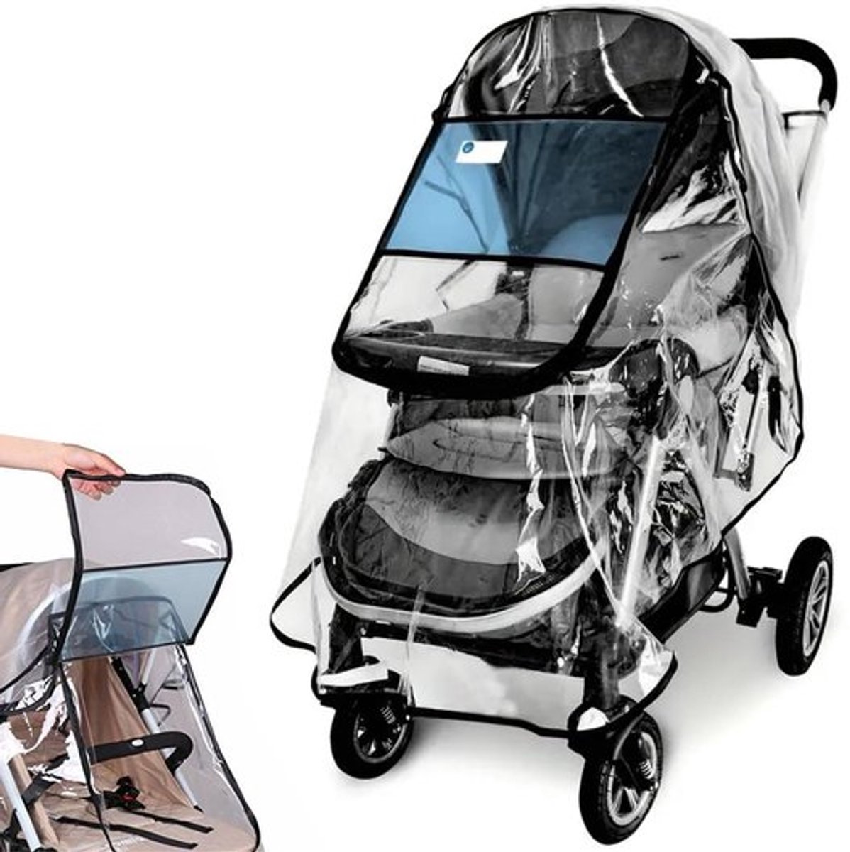 Regenbescherming voor kinderwagen, regenhoes met voorcontactvenster, zonnezeil, kinderwagenparaplu van EVA-materiaal, goede luchtcirculatie, vrij van schadelijke stoffen, transparant