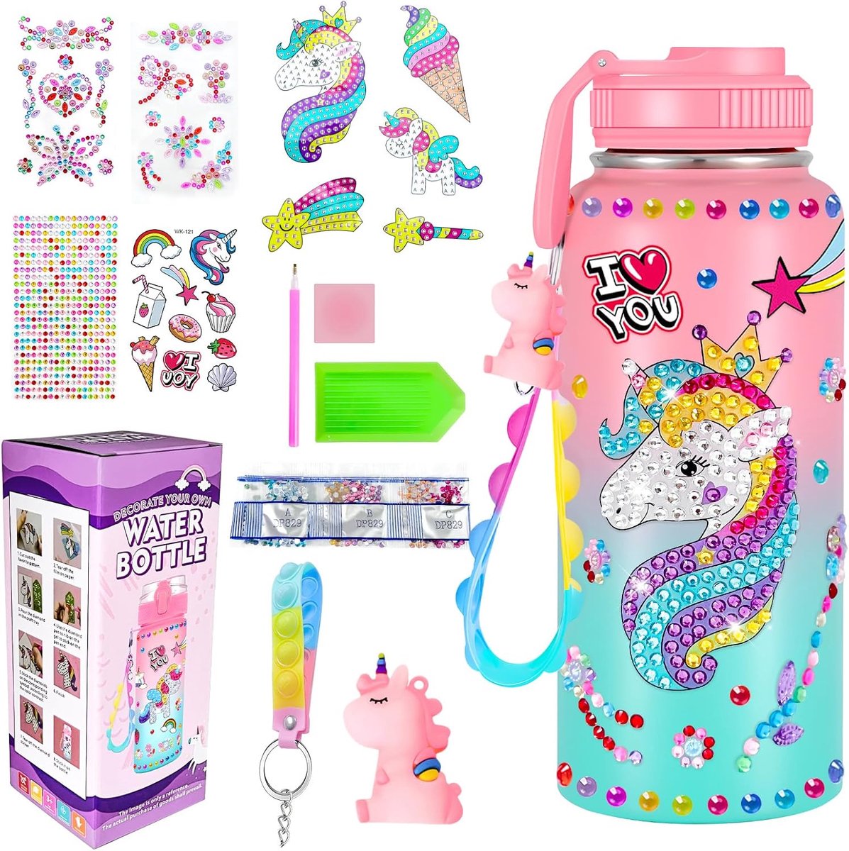 Waterfles decoreren voor kinderen 470 ml - Eenhoorn knutselset - Creatief cadeau voor meisjes - Unieke waterfles maken - ShopVlot