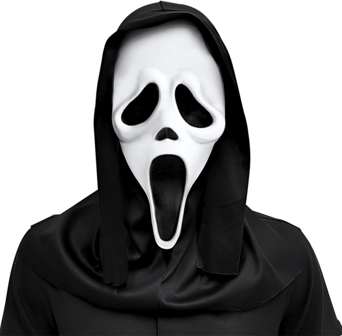 Scheurend masker hoofd - latex wit met lange mond - zwarte capuchon - perfect voor Halloween - ShopVlot