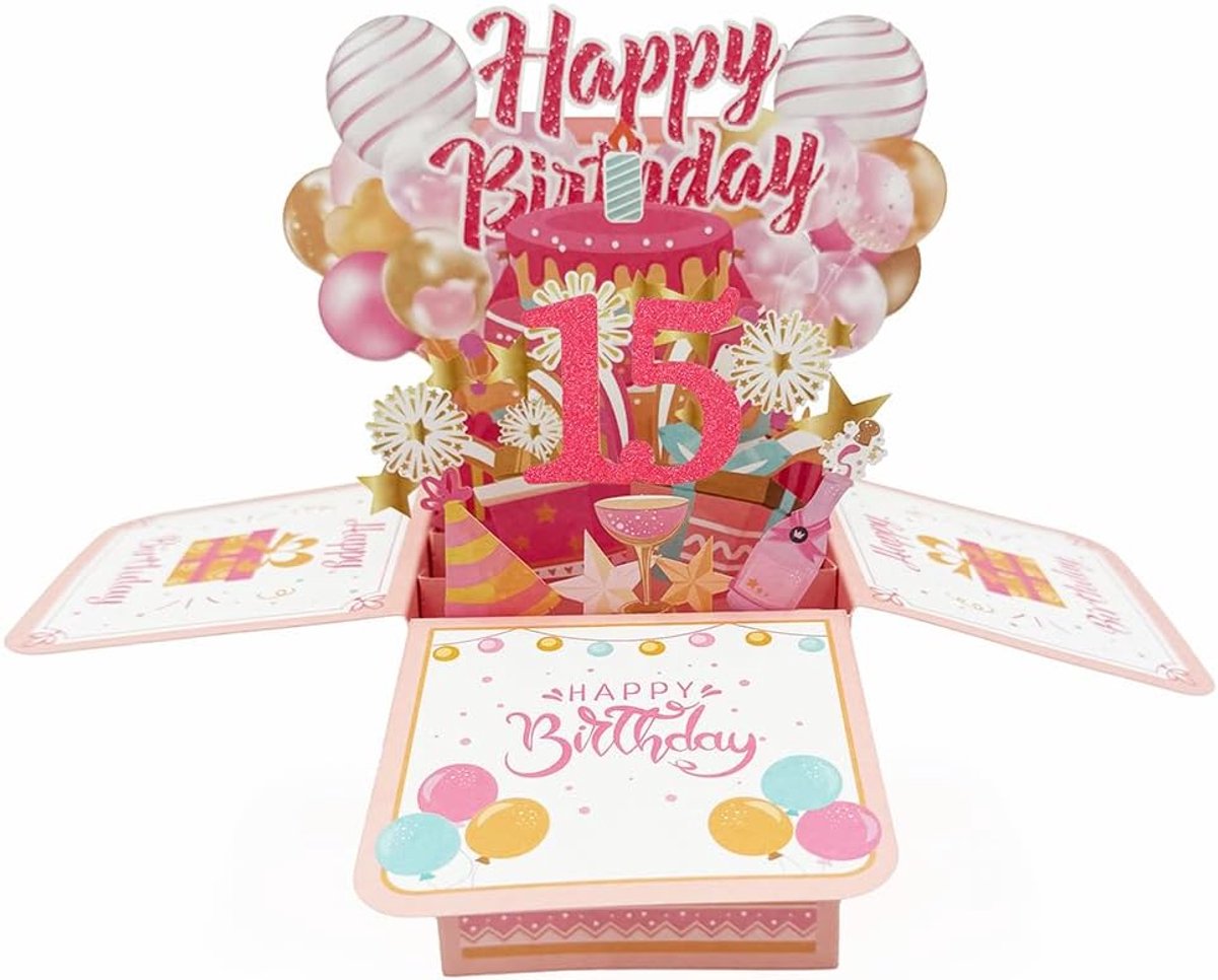 Pop-up verjaardagskaart 15 jaar - 3D ontwerp - vrolijke decoratie - perfect cadeau voor meisjes - ShopVlot