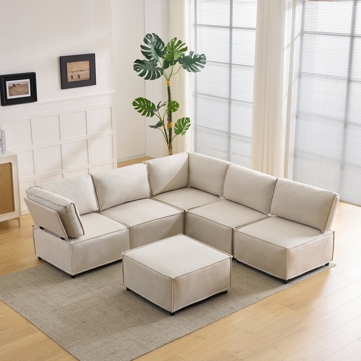MEUNIQ Modulaire hoekbank 6-zits 308 x 152 x 77 cm, beige linnen, vrij combineerbaar in L-vorm, U-vorm of bedvorm voor de woonkamer