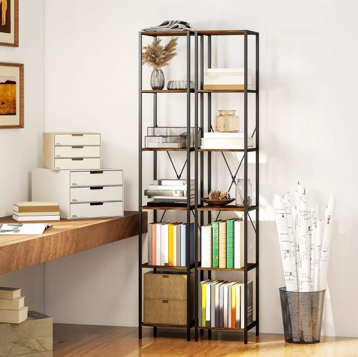 MIVRAY Boekenkast Set Van 2 - 6 Niveaus - Staalframe - 30 x 30 x 174,5 cm - Rustic Brown - Industrieel Open Opbergrek