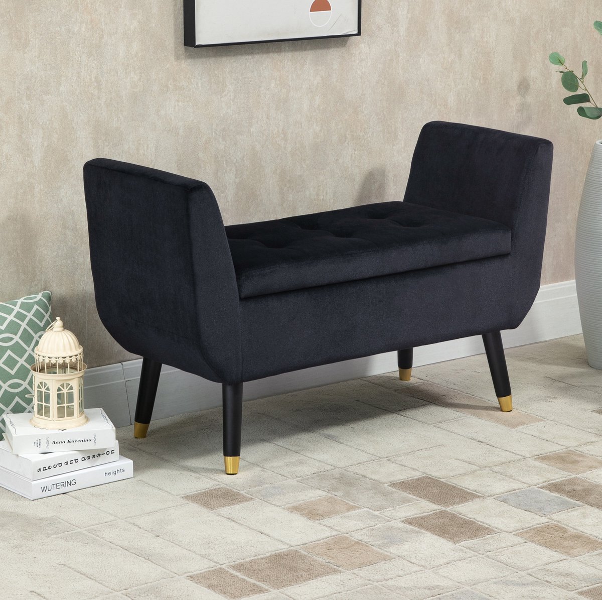 STILVORA Zitbank 107 x 42 x 65 cm - Met Opbergruimte En Armleuningen - Voor Hal En Woonkamer - Polyester In Fluweellook - Zwart