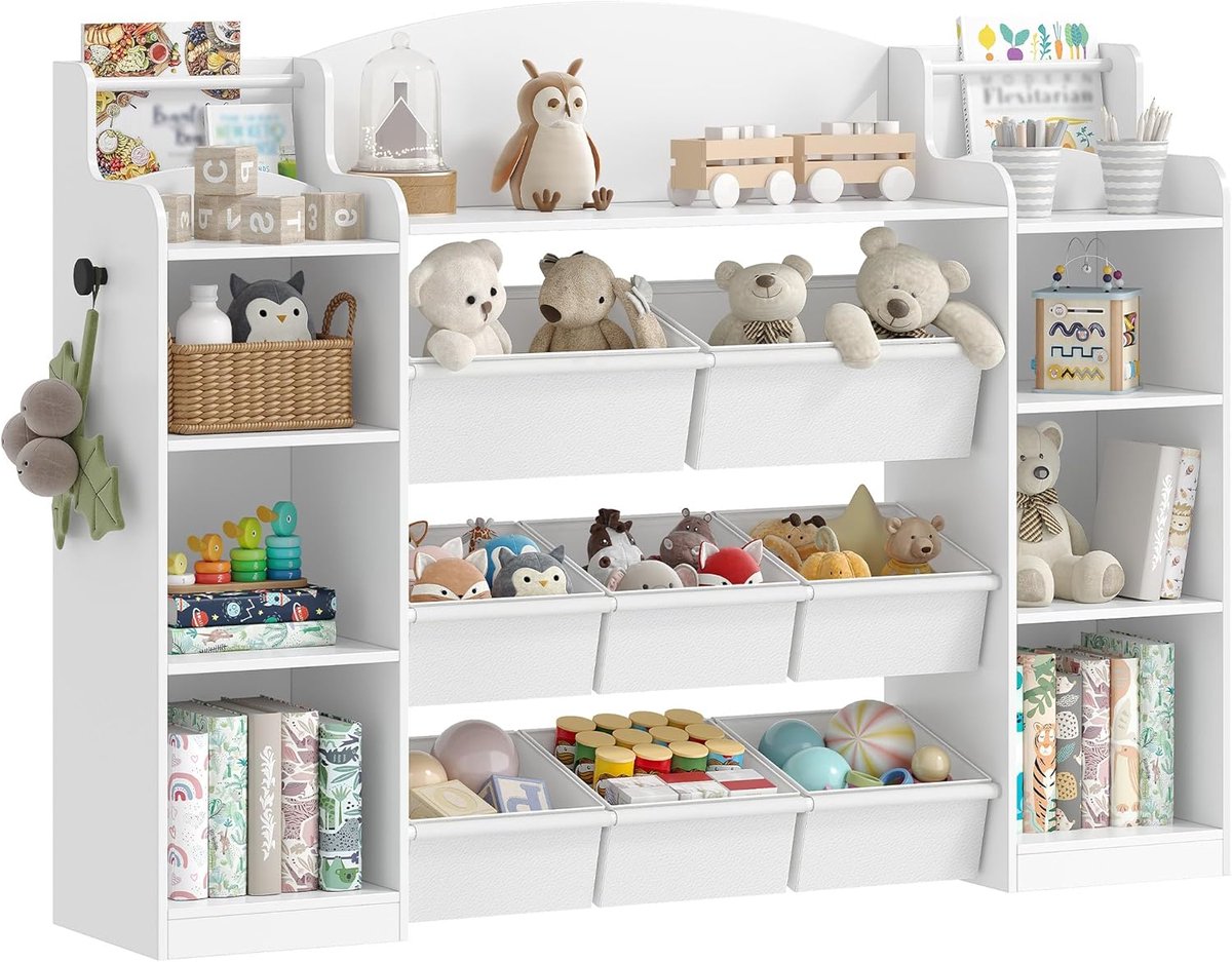 Hzuaneri Kinderboekenplank, Houten Boekenplank, Speelgoedplank met 8 Non-woven Boxen, Geschikt voor Kinderkamer, Woonkamer, Studeerkamer Wit 30 x 140 x 104 cm Van hout, met 8 stoffen dozen, voor kinderkamer, woonkamer, werkkamer
