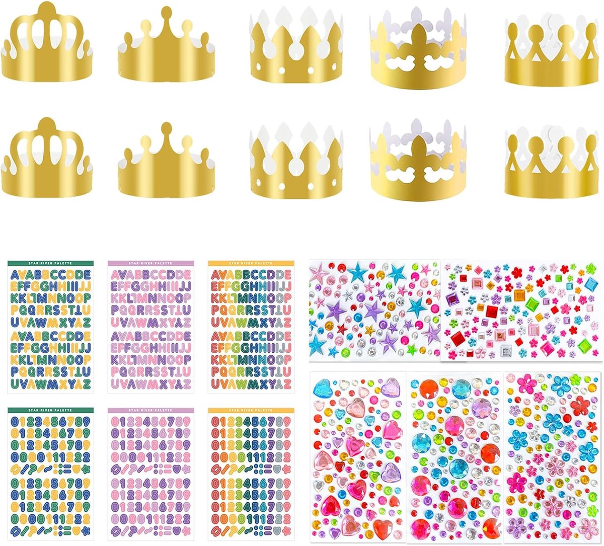10 stuks papieren kransen voor verjaardagsfeestjes, 6 vellen strass-stickers en 6 alfanumerieke vellen DIY