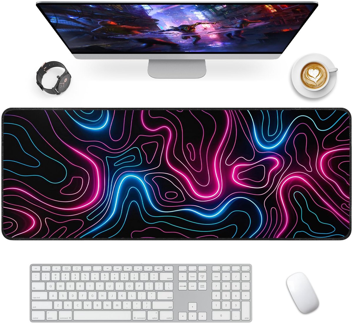 Gaming-muismat XXL 800 x 300 mm - bureauonderlegger met antislip rubberen basis - neon lijnen - ideaal voor gamers - ShopVlot
