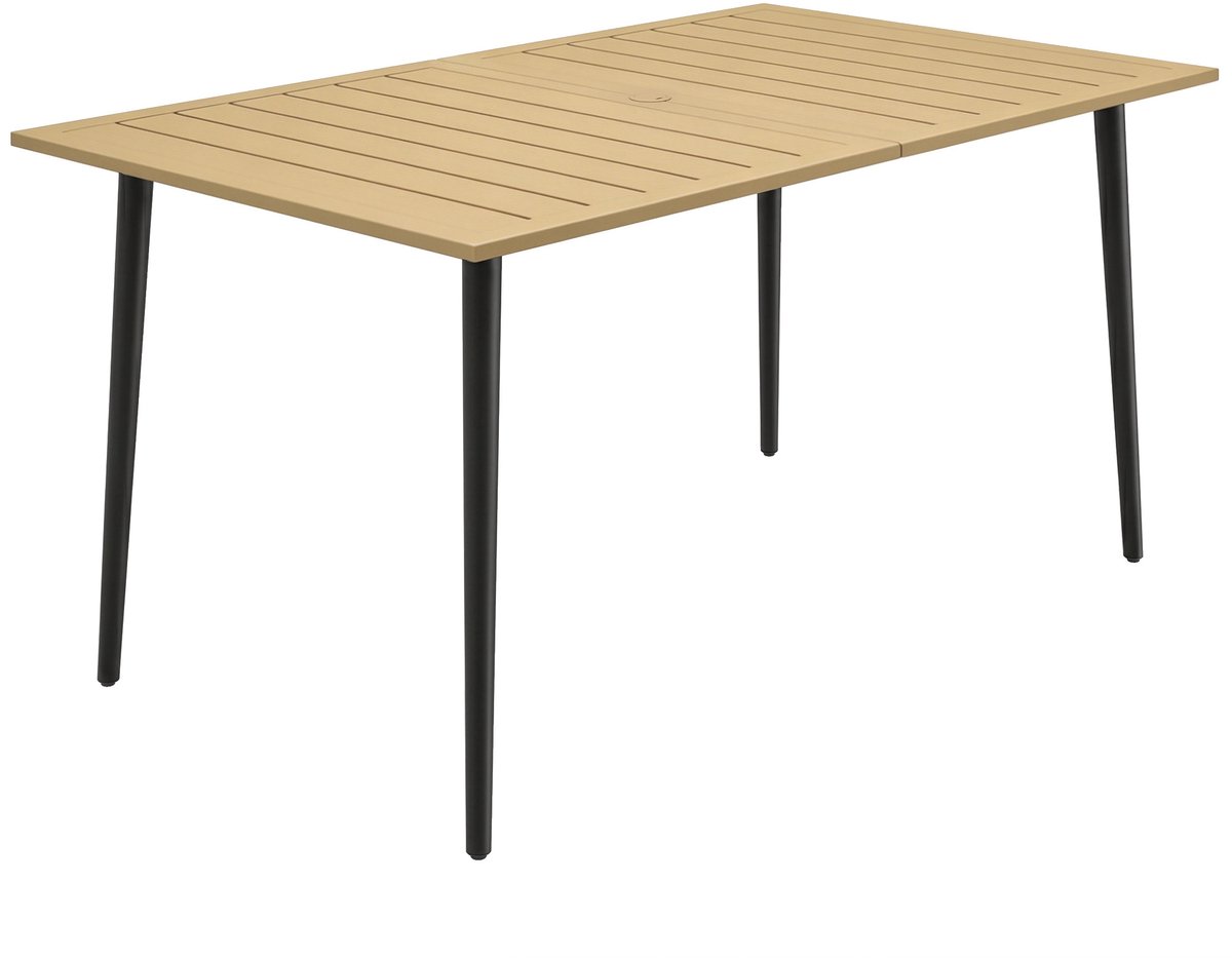Tuintafel 150x90x73 cm Bruin voor 6 Personen, Grote Buiten Eettafel met Parasolgat, Outdoor Terrastafel, Balkontafel, Weerbestendige Tuinmeubel Tafel voor Tuin, Terras, Balkon en Buitenruimte