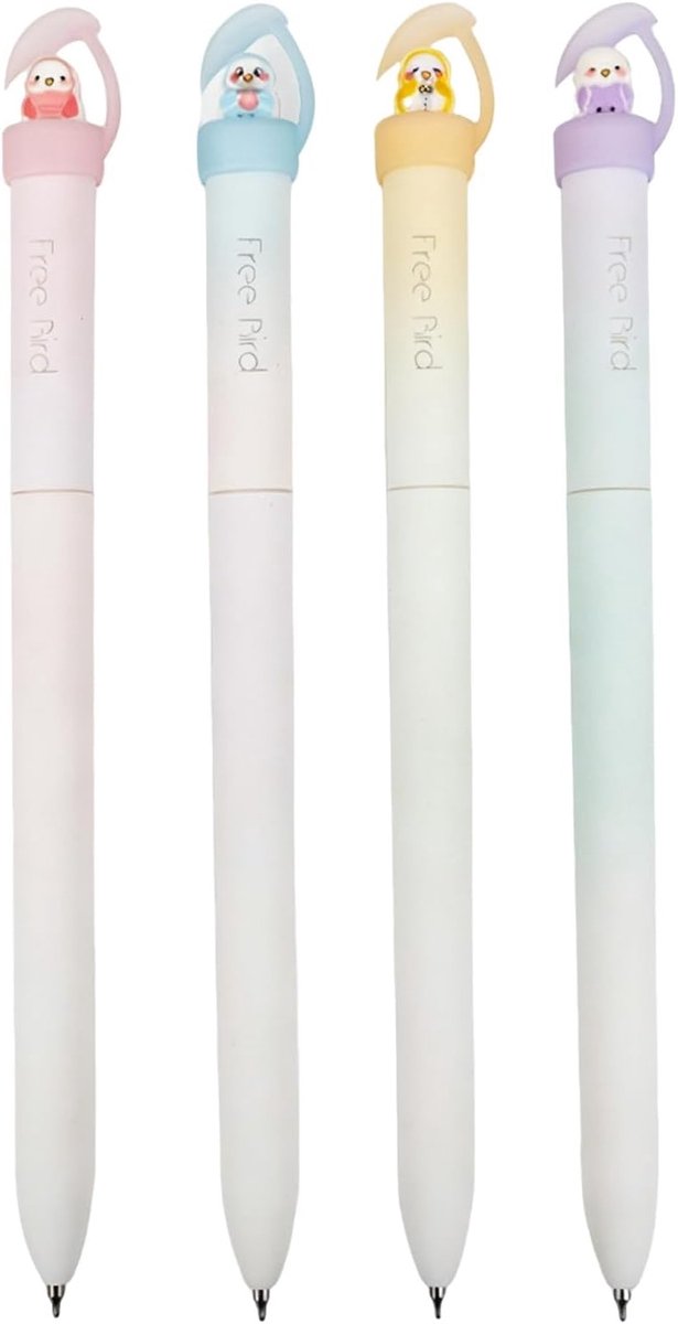 Set van 4 gelpennen 0,5 mm - matte afwerking - schattig ontwerp met vogelspeeltje - ideaal als cadeau - ShopVlot
