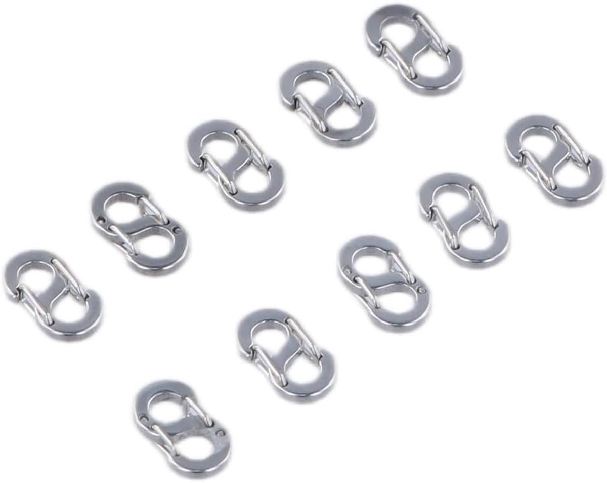 Mini carabiner haken set van 10 - roestvrij staal - dubbele opening - ideaal voor sleutelhangers - ShopVlot
