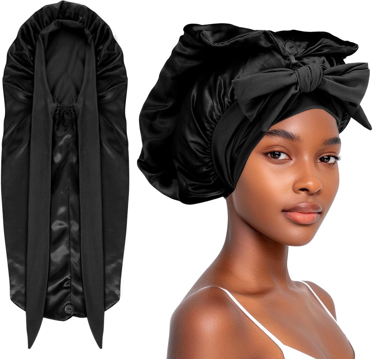 Lange satijnen bonnet voor paardenstaart - zwarte slaapkappe van zijde - inklapbaar ontwerp - ShopVlot