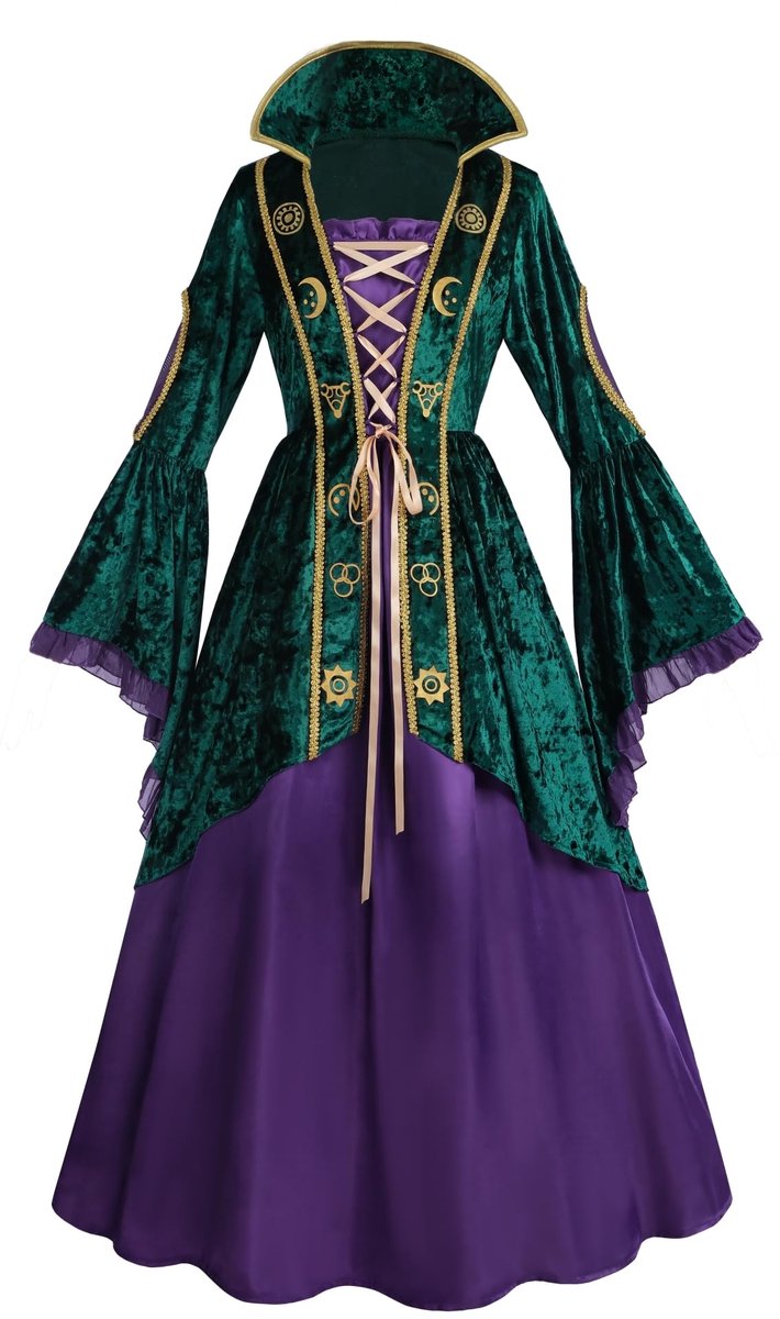 Dameskostuum heksenjurk XL - fluwelen look - vintage stijl met pofmouwen - perfecte Halloween outfit - ShopVlot