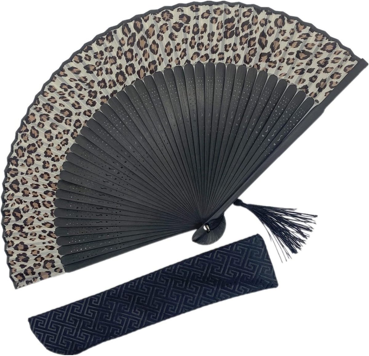 Bamboe handfan met luipaardprint - vintage opvouwbare waaier - 21 cm gesloten - ideaal voor warme dagen - ShopVlot