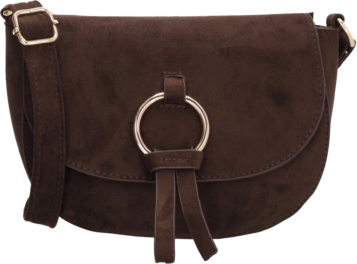 Beagles Chino Crossbodytas - Faux Suède - Schoudertas - Damestas - Overslag - Verstelbare Schouderband - Goudkleurige Details - Donkerbruin
