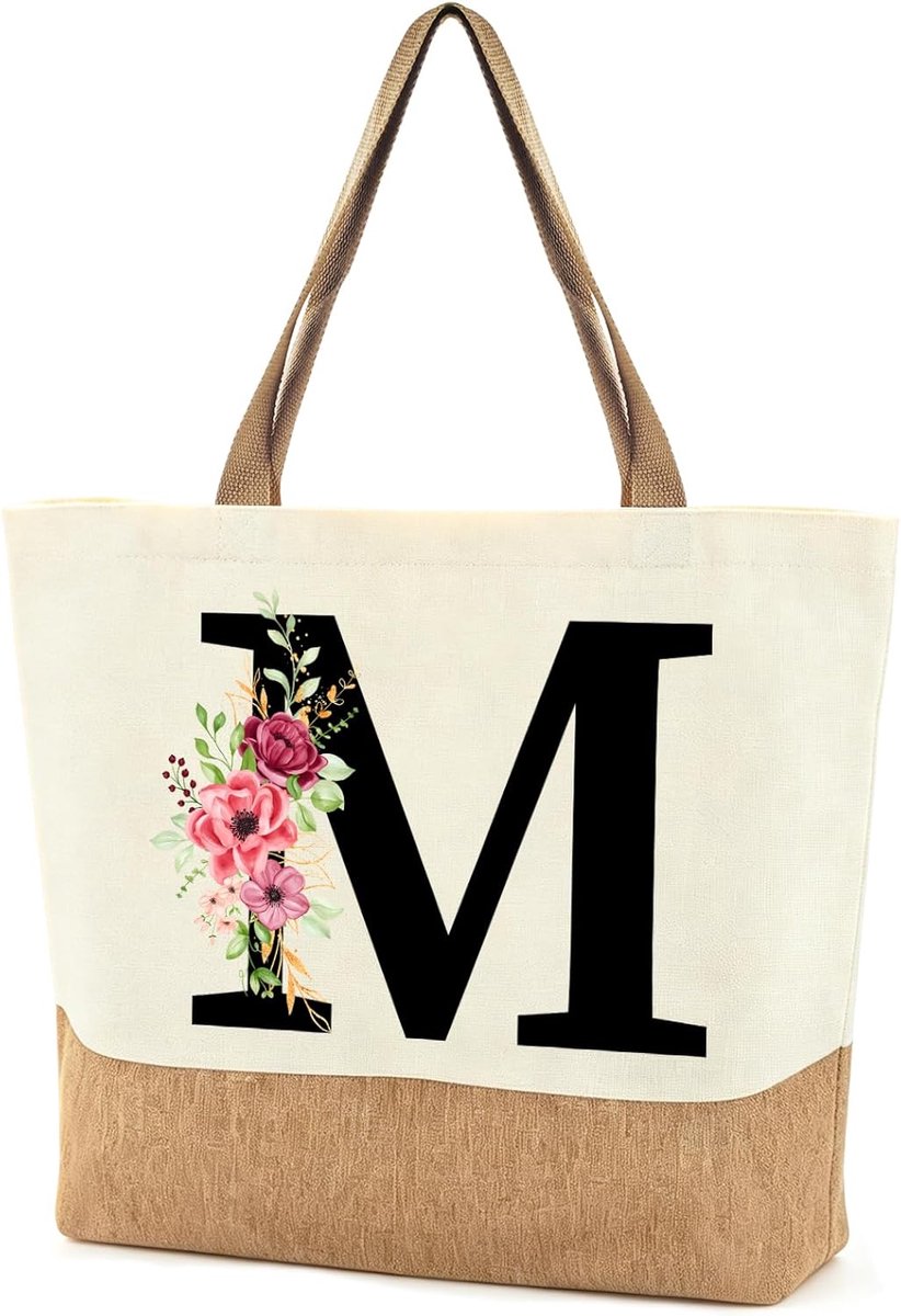 Jute tas voor dames - grote strandtas met letters en bloemen - unieke shopper - ideaal als cadeau voor vrouwen - SnelShoppen