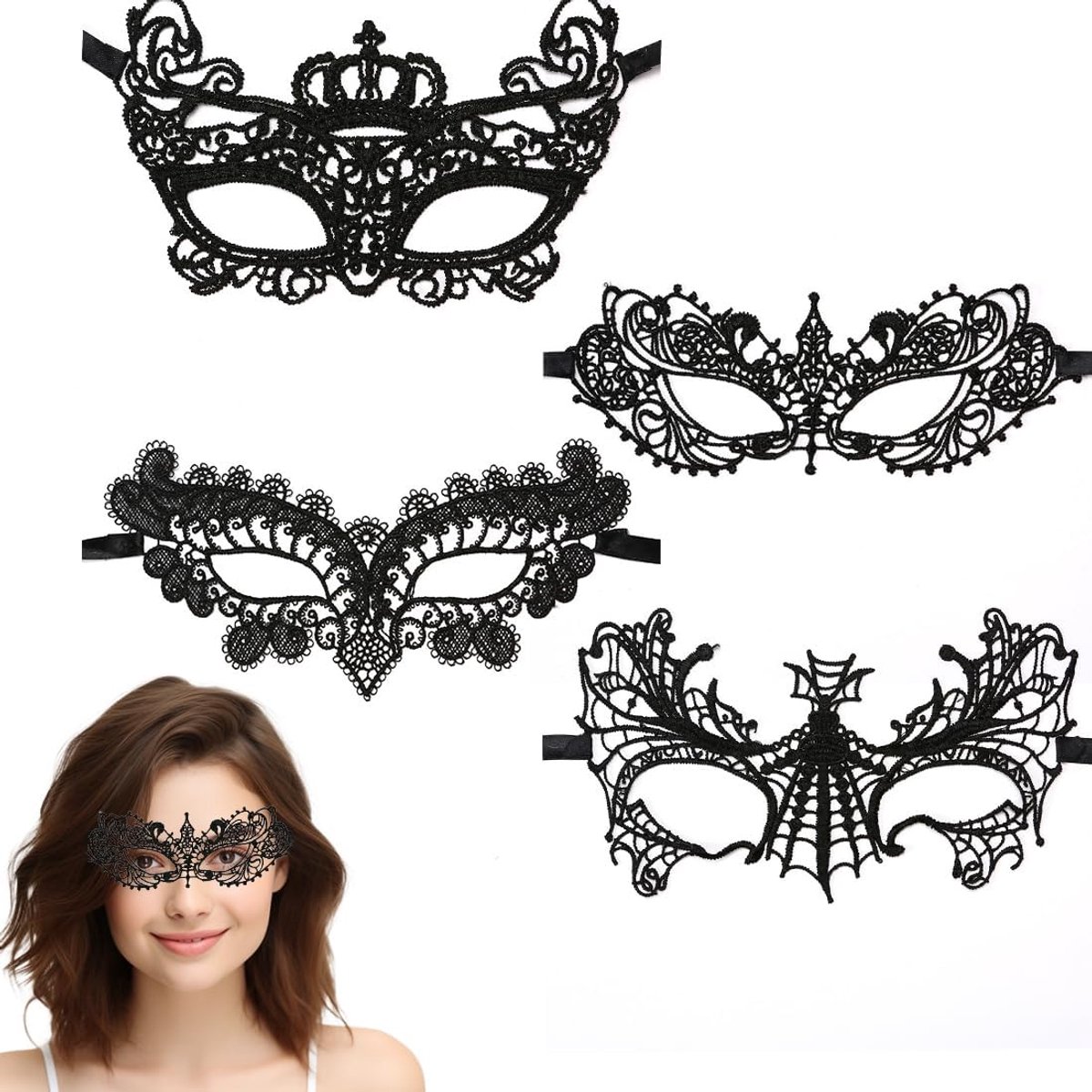 Lace mask set 4 stuks - zwarte kant - sexy design - ideaal voor carnaval - SnelShoppen